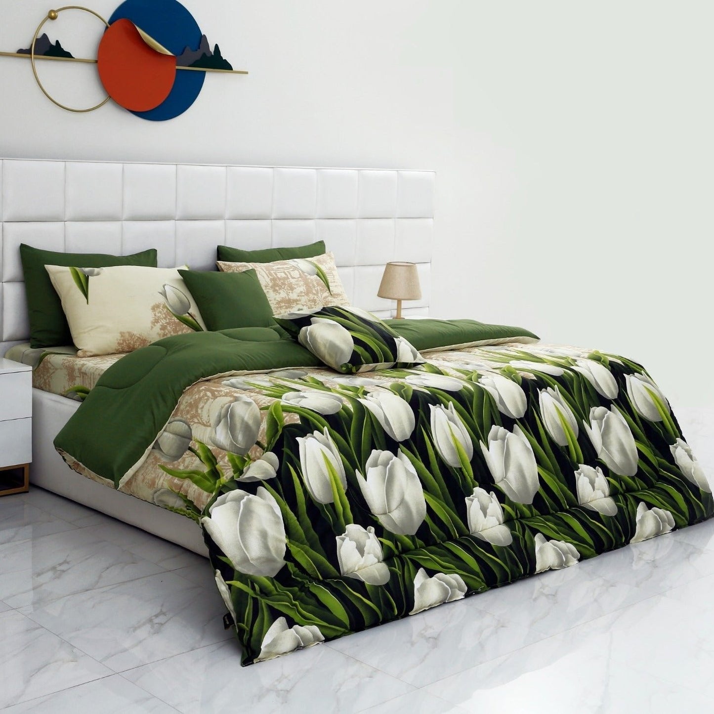 8 PCs Winter Comforter Set- Tulip Green Comforters Apricot   