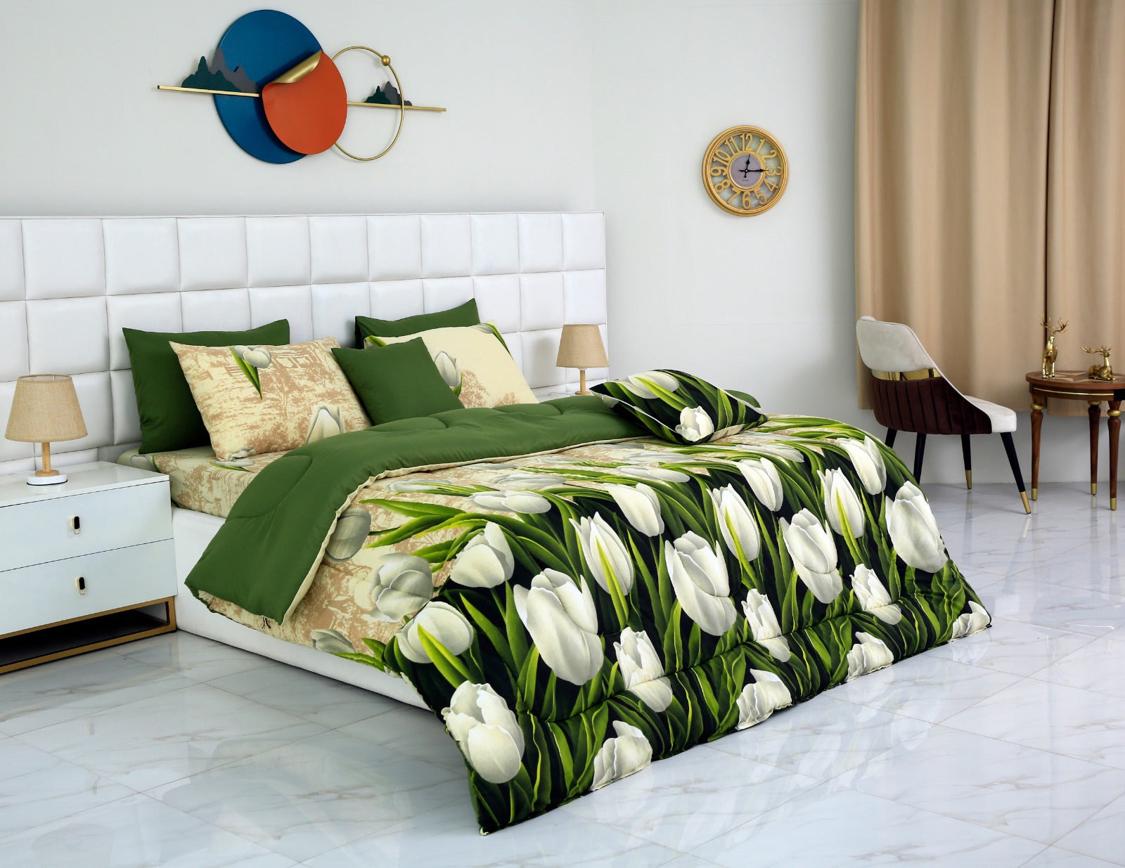 8 PCs Winter Comforter Set- Tulip Green Comforters Apricot   