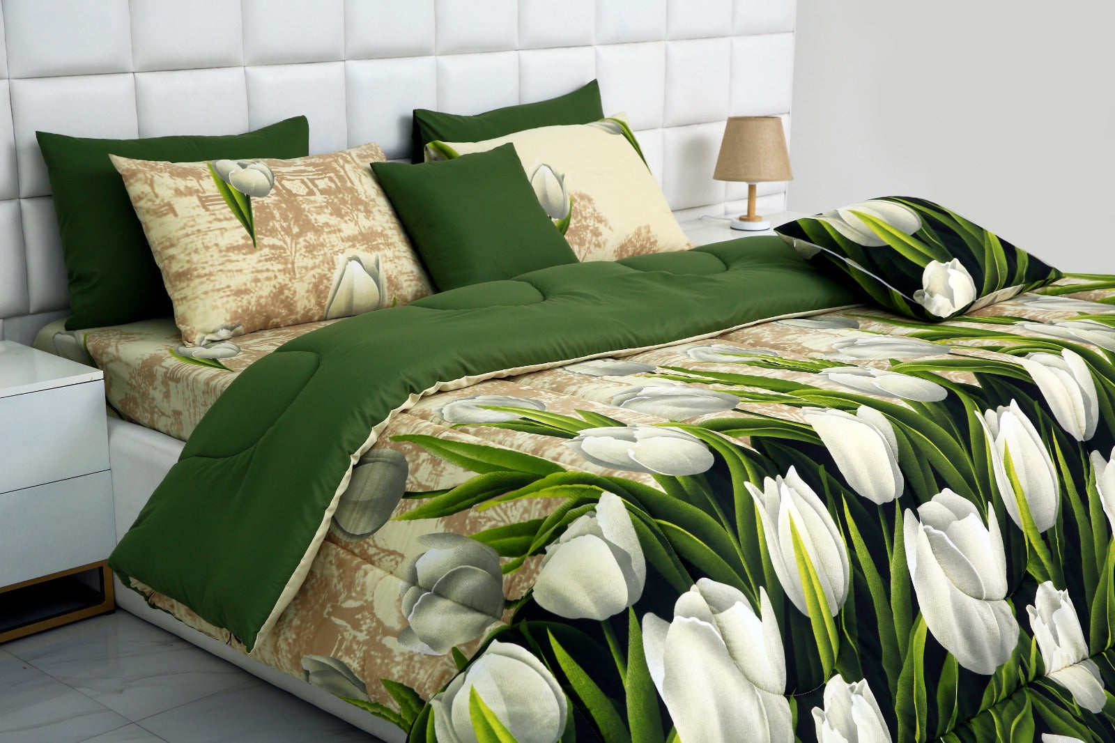 8 PCs Winter Comforter Set- Tulip Green Comforters Apricot   