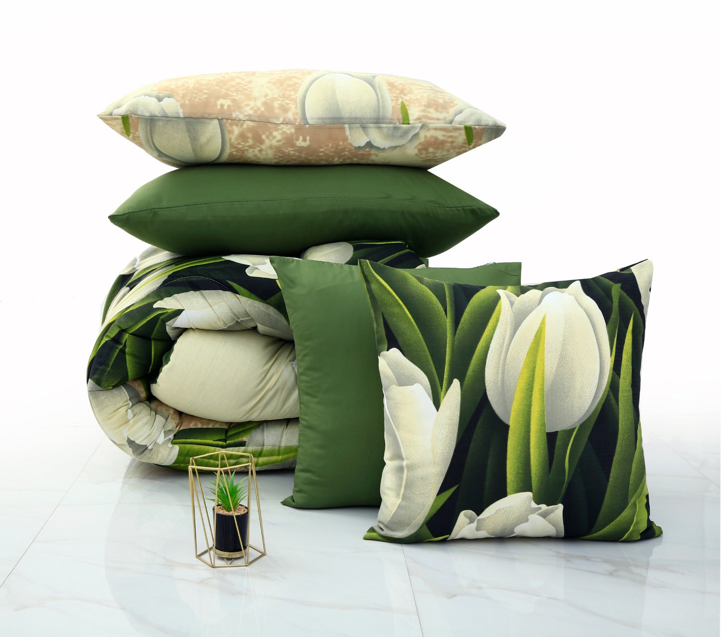 8 PCs Winter Comforter Set- Tulip Green Comforters Apricot   