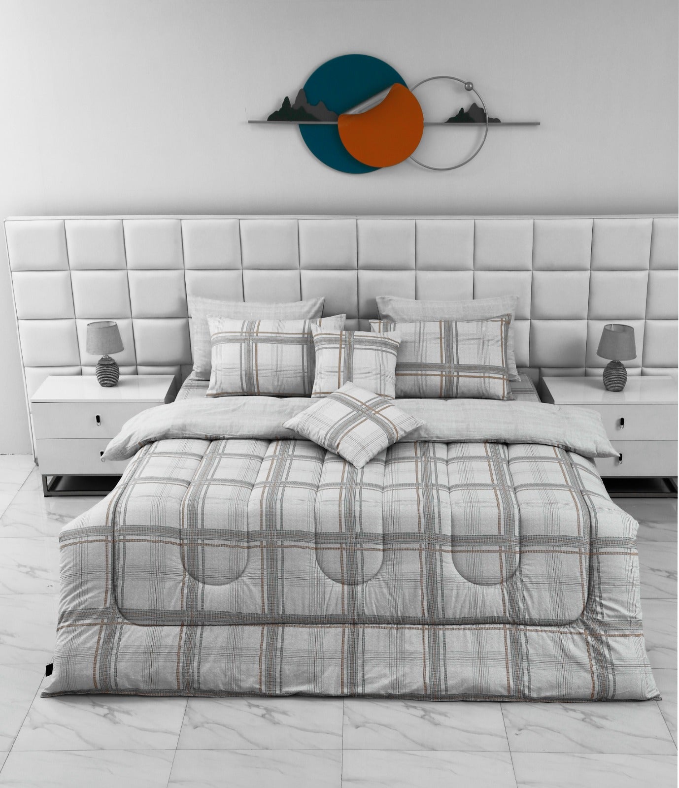 8 PCs Winter Comforter Set-Grey Check Comforters Apricot   