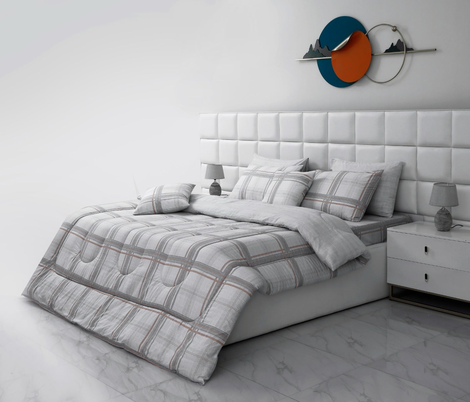 8 PCs Winter Comforter Set-Grey Check Comforters Apricot   