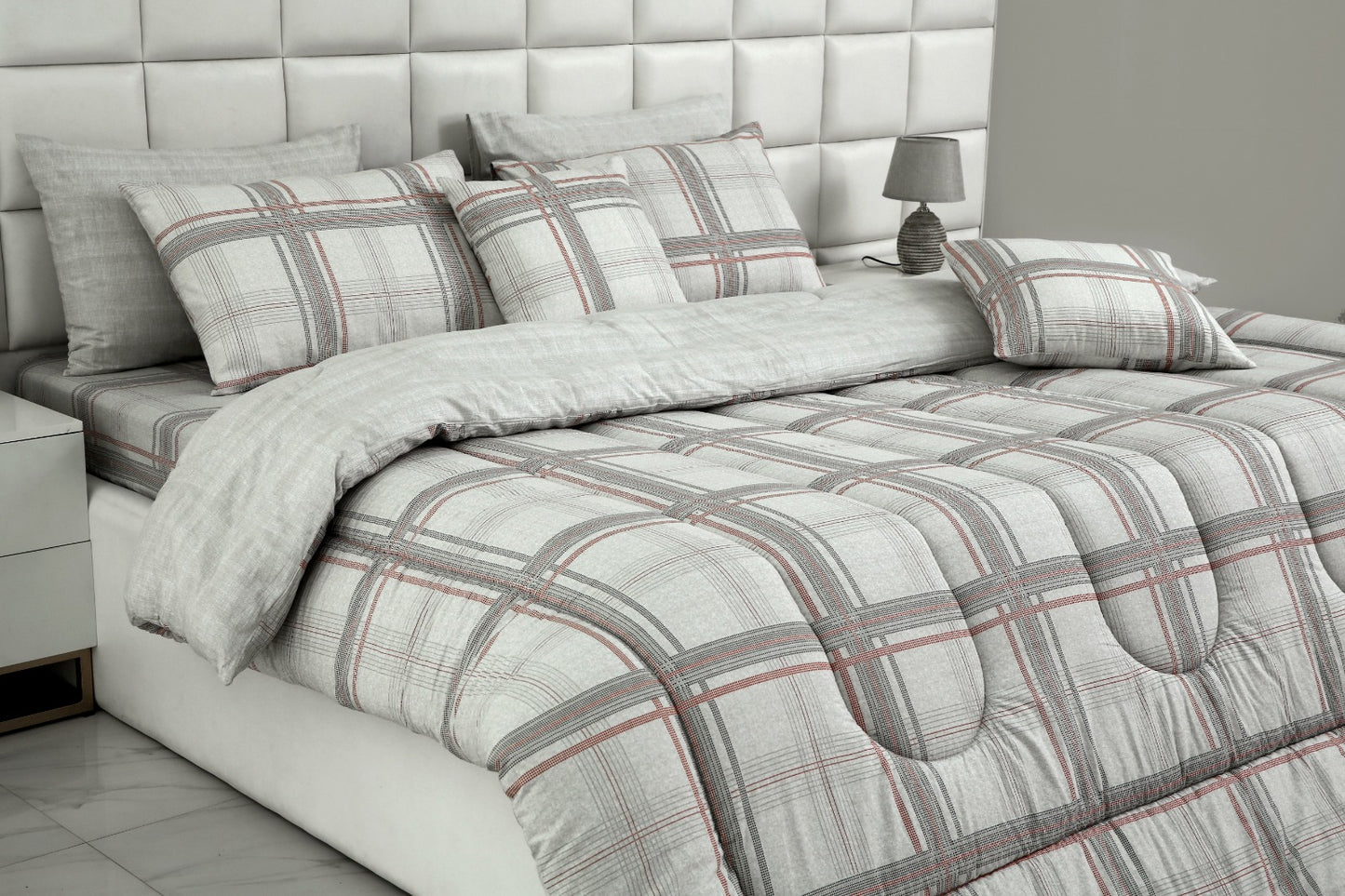 8 PCs Winter Comforter Set-Grey Check Comforters Apricot   