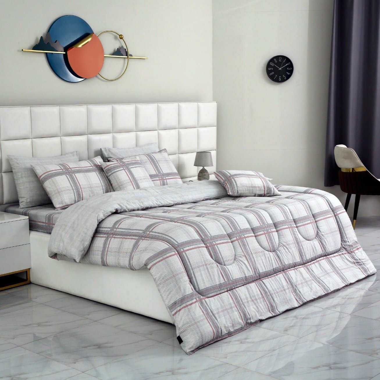 8 PCs Winter Comforter Set-Grey Check Comforters Apricot   