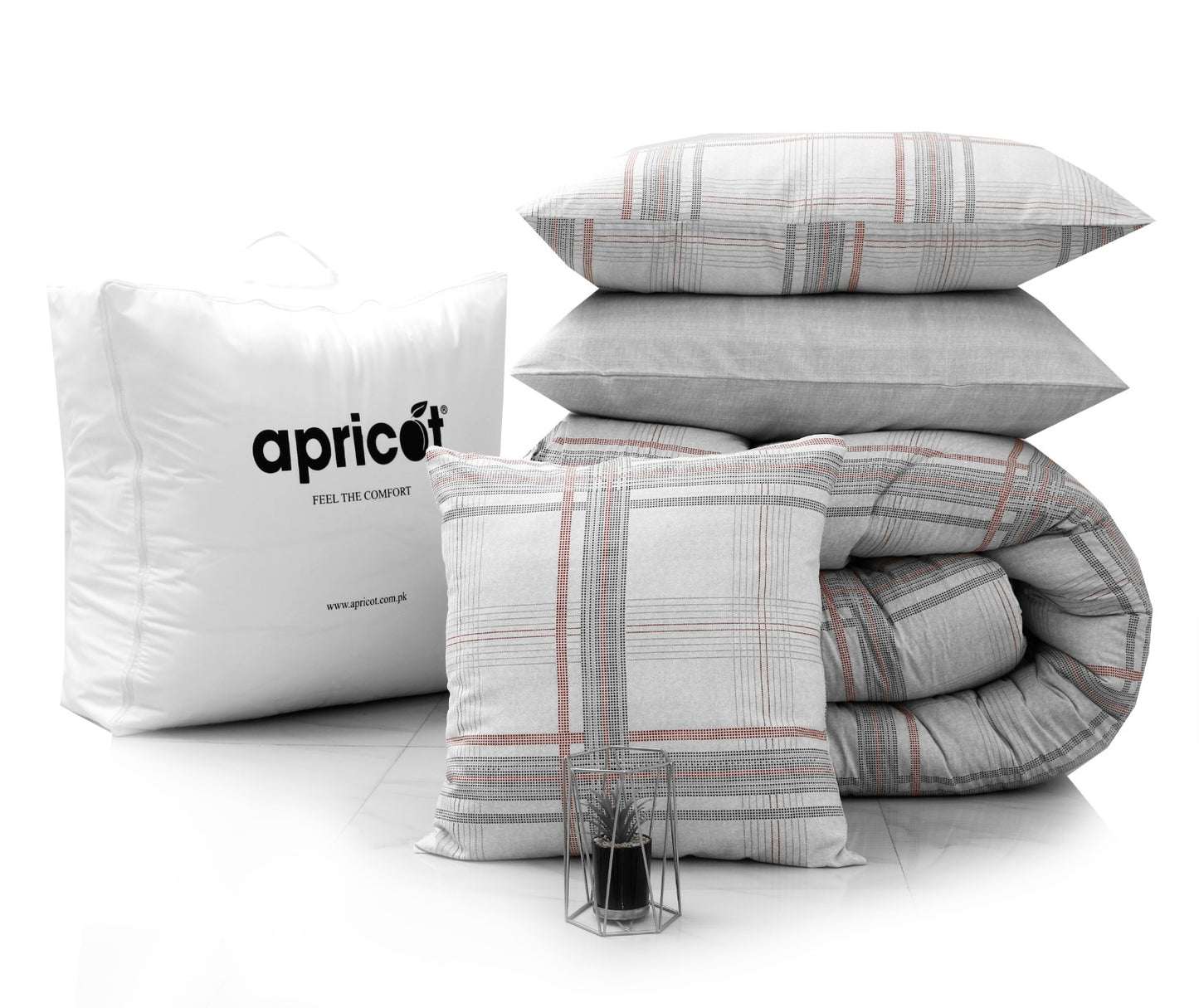 8 PCs Winter Comforter Set-Grey Check Comforters Apricot   