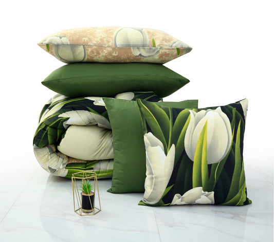 5 PCs Single Comforter Set-Green Tulip Comforters Apricot
