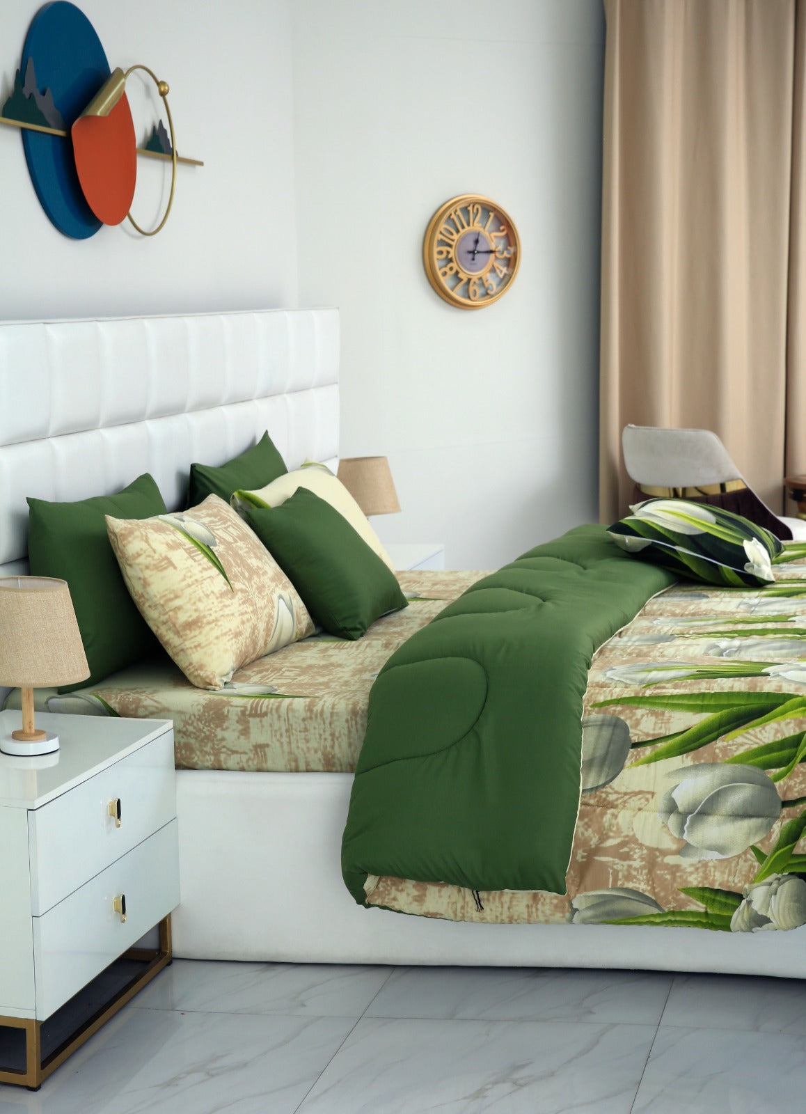 8 PCs Winter Comforter Set-Tulip Green Comforters Apricot