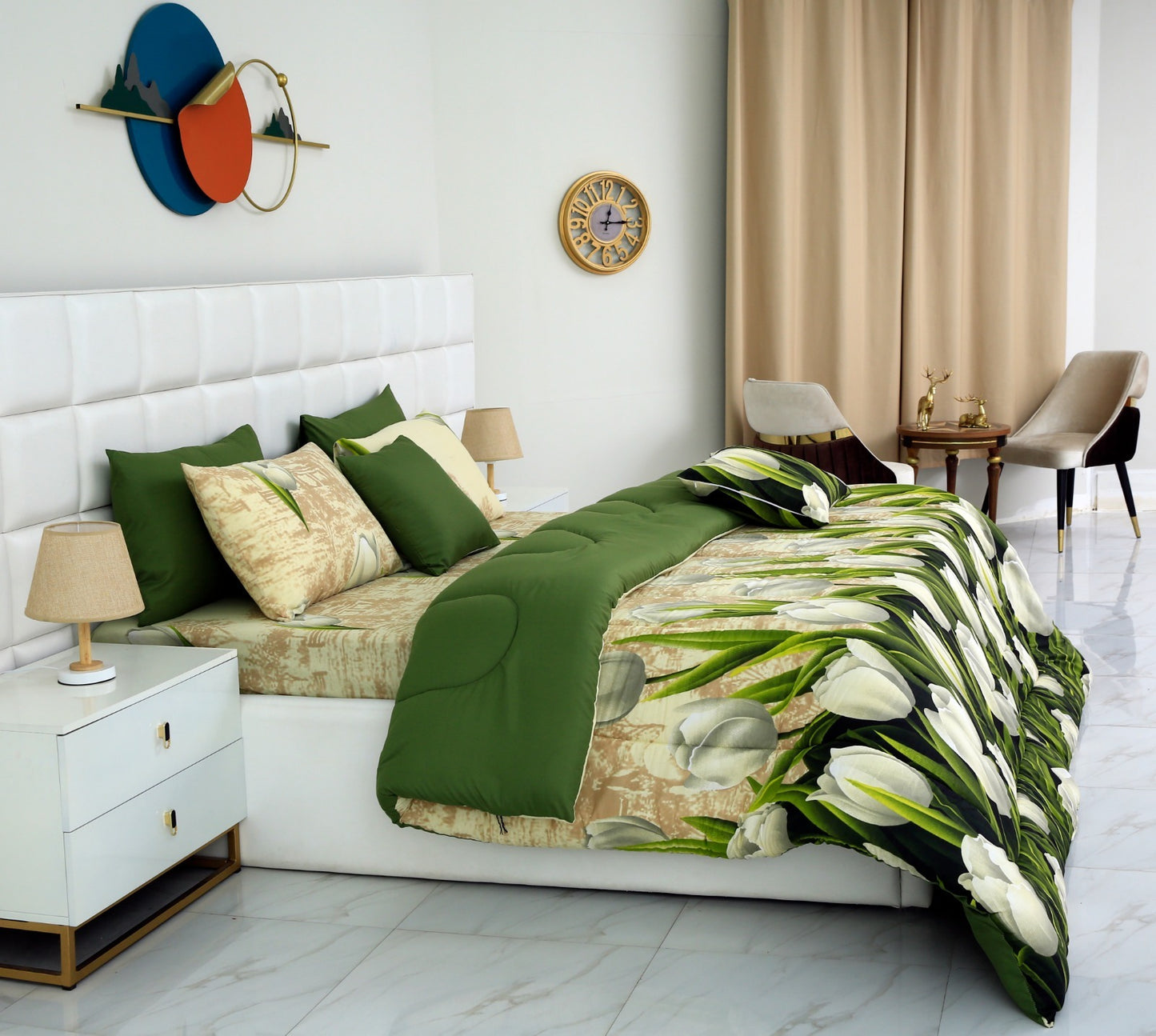 8 PCs Winter Comforter Set-Tulip Green Comforters Apricot