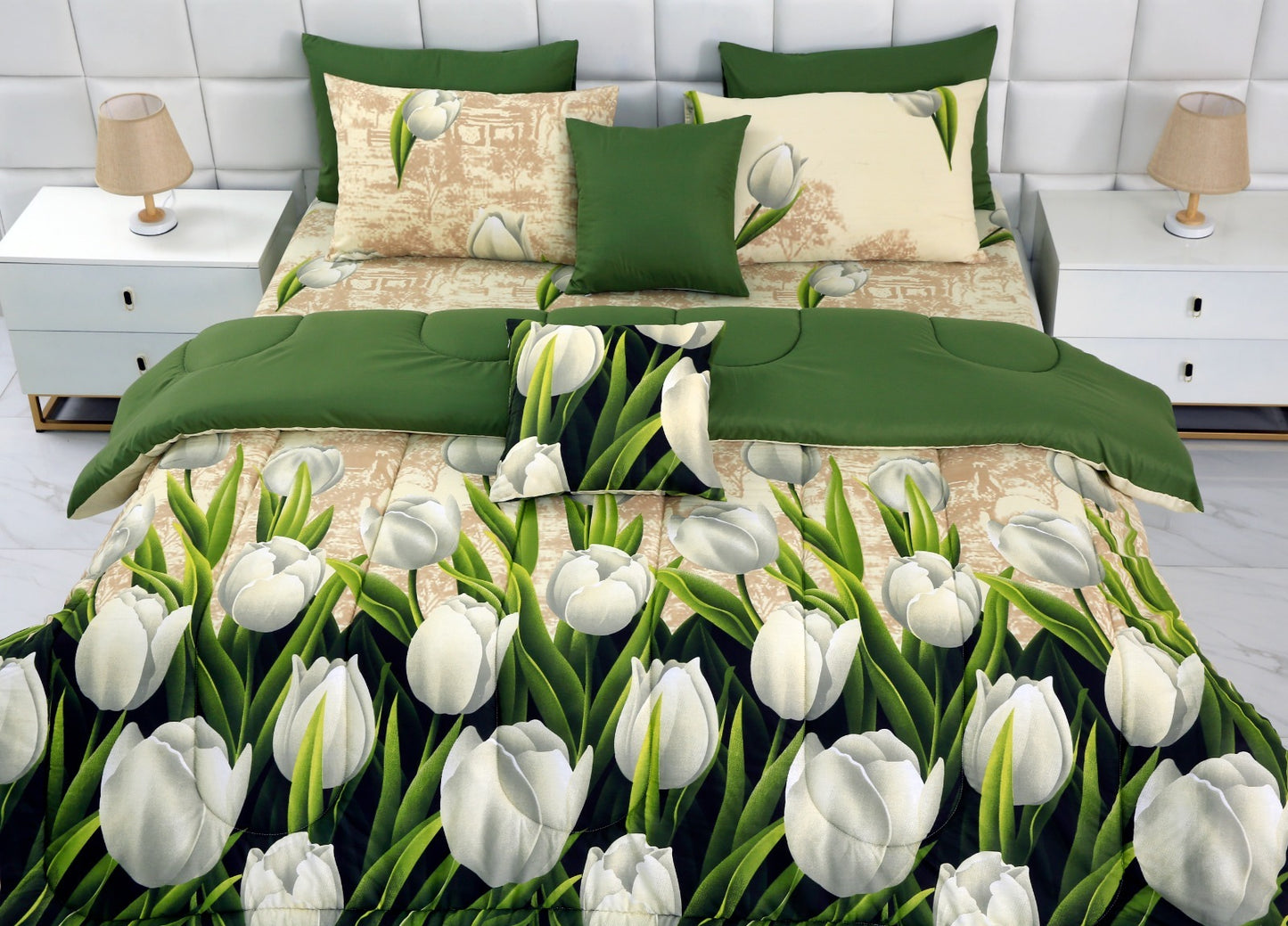 8 PCs Winter Comforter Set-Tulip Green Comforters Apricot