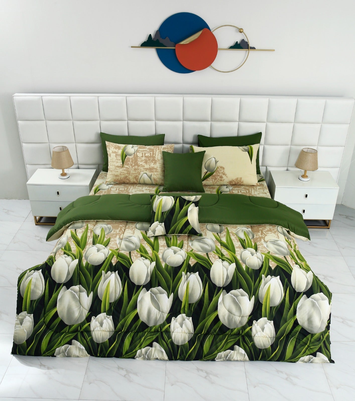 8 PCs Winter Comforter Set-Tulip Green Comforters Apricot