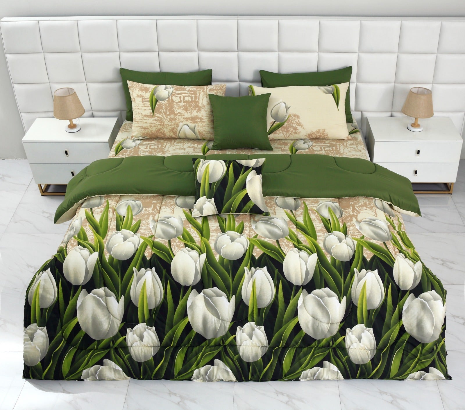 8 PCs Winter Comforter Set-Tulip Green Comforters Apricot