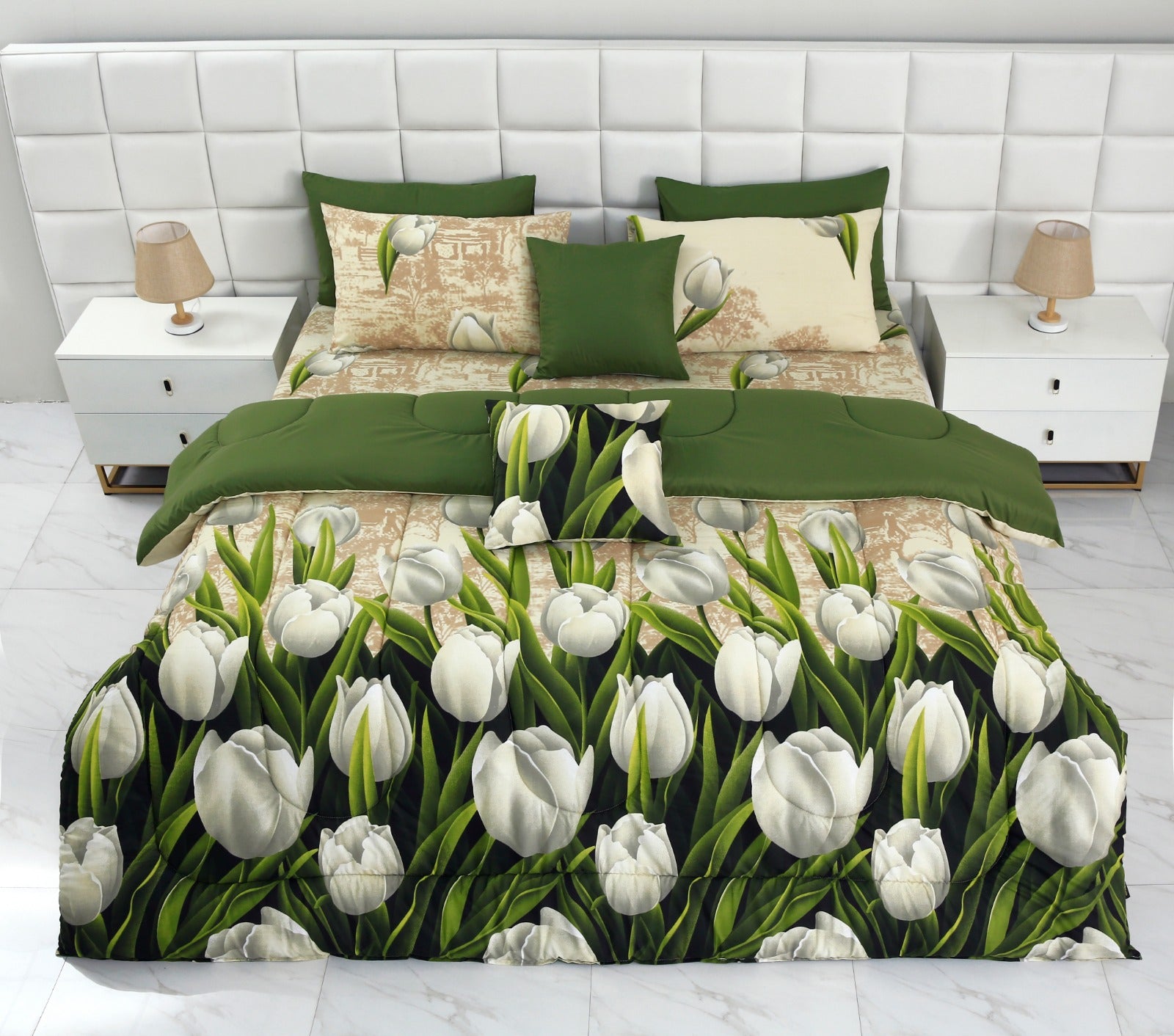 8 PCs Winter Comforter Set-Tulip Green Comforters Apricot