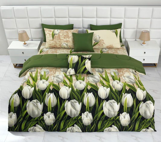 8 PCs Winter Comforter Set-Tulip Green Comforters Apricot