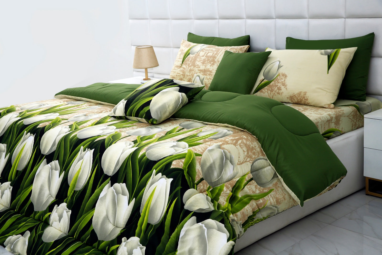 8 PCs Winter Comforter Set-Tulip Green Comforters Apricot