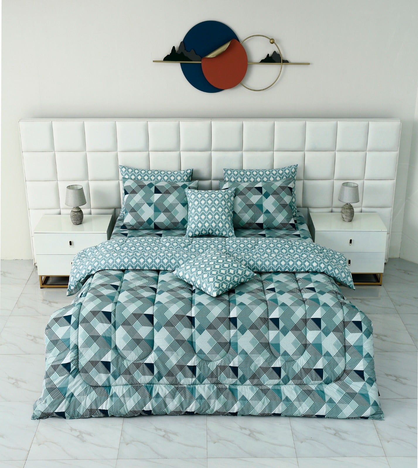 8 PCs Winter Comforter Set-Mint Geometric Comforters Apricot   