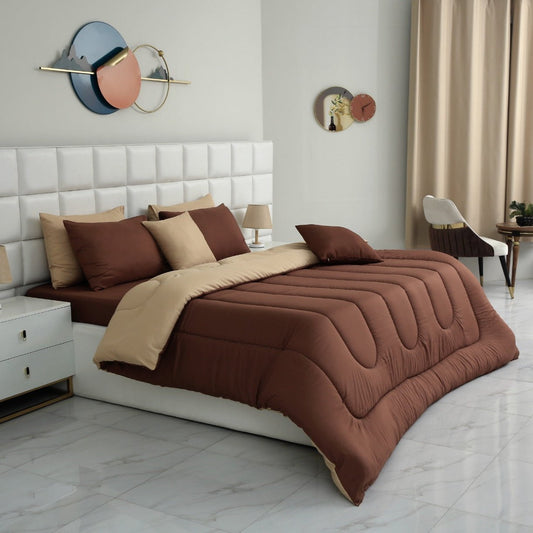 8 PCs Winter Comforter Set-Beige Over Brown Comforters Apricot   