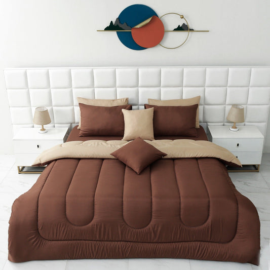 8 PCs Winter Comforter Set-Beige Over Brown Comforters Apricot   