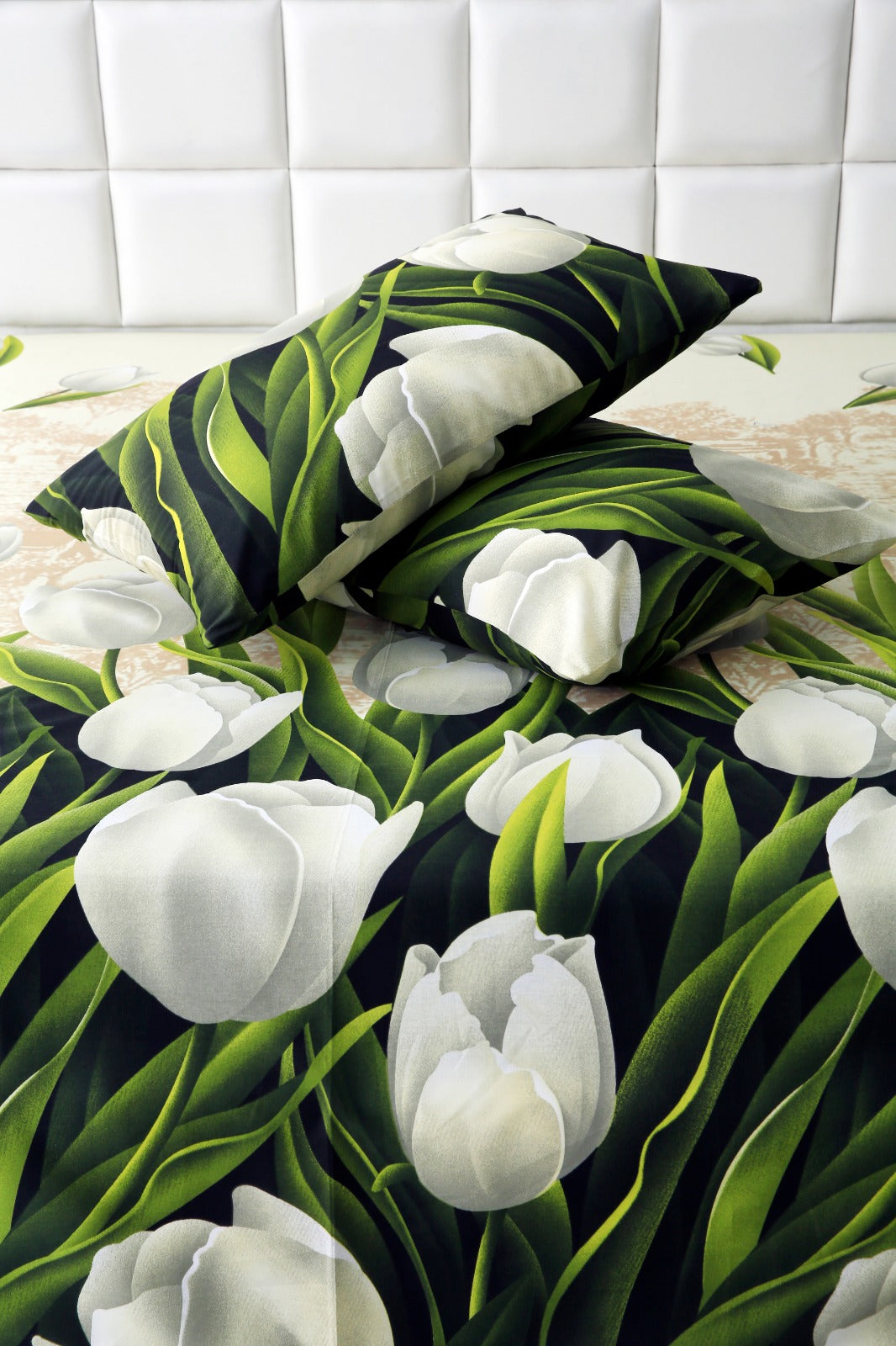 3 PCs Double Bed Sheet -13150-Tulip Green Bed Sheets Apricot   