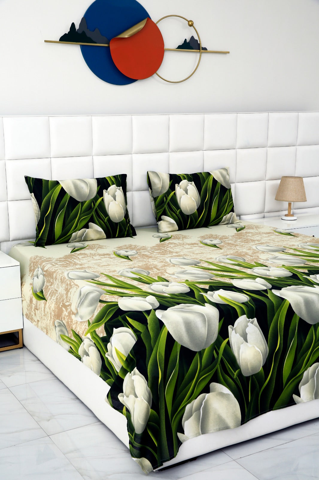 3 PCs Double Bed Sheet-Tulip Green Bed Sheets Apricot