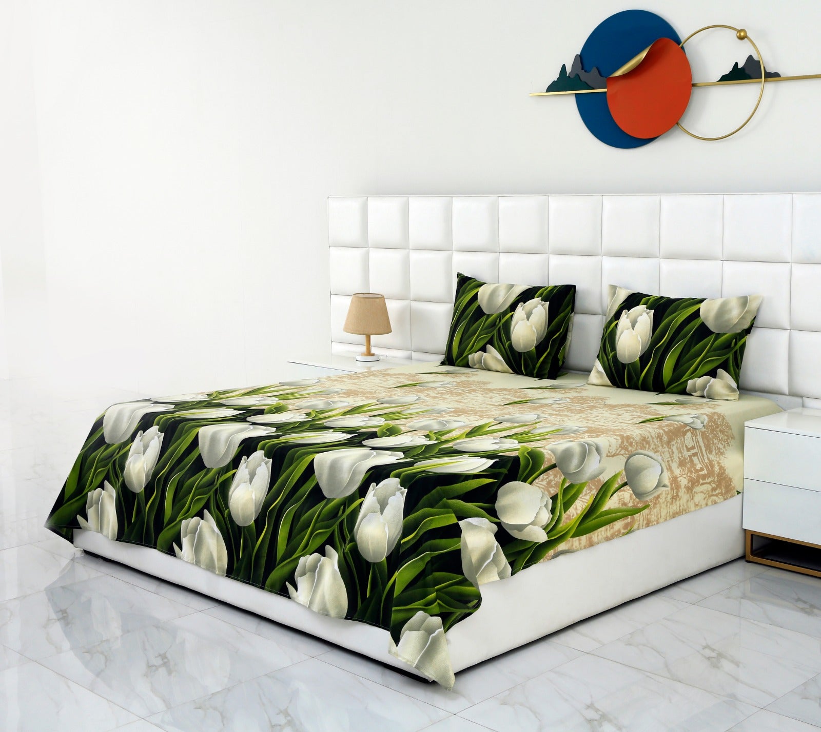 3 PCs Double Bed Sheet-Tulip Green Bed Sheets Apricot