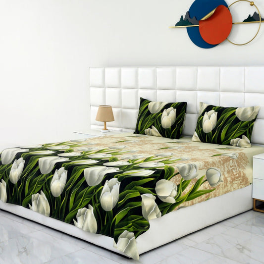 3 PCs Double Bed Sheet -13150-Tulip Green Bed Sheets Apricot   