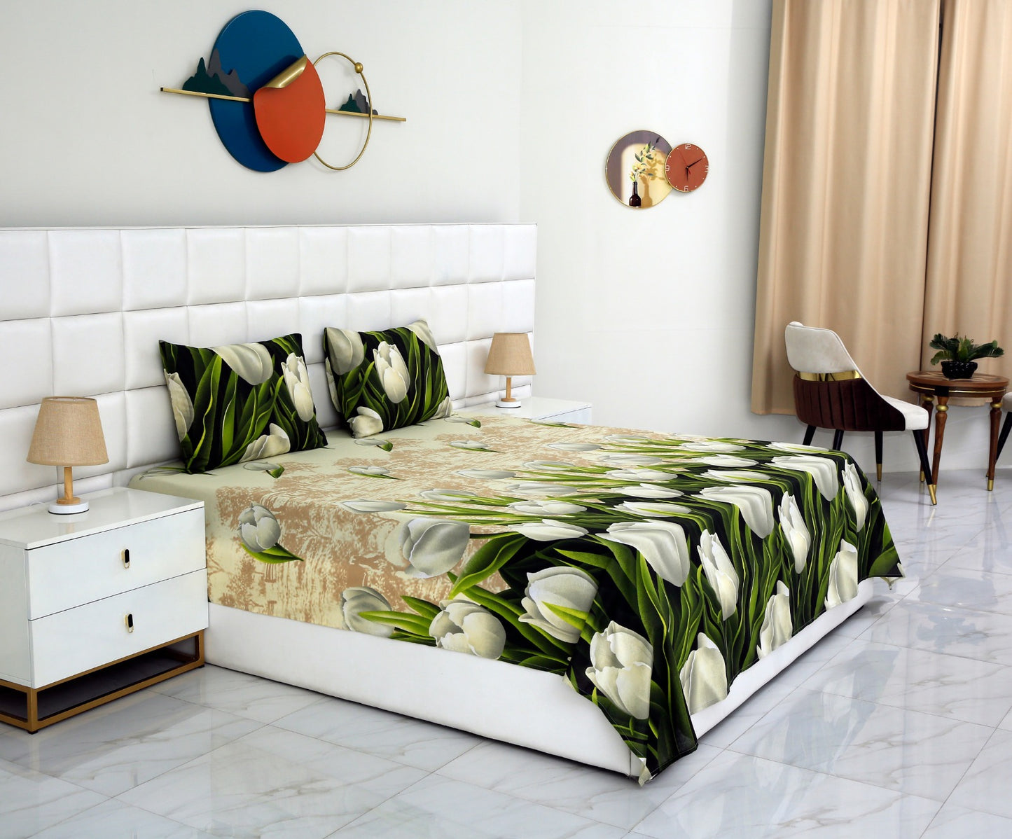 3 PCs Double Bed Sheet -13150-Tulip Green Bed Sheets Apricot   