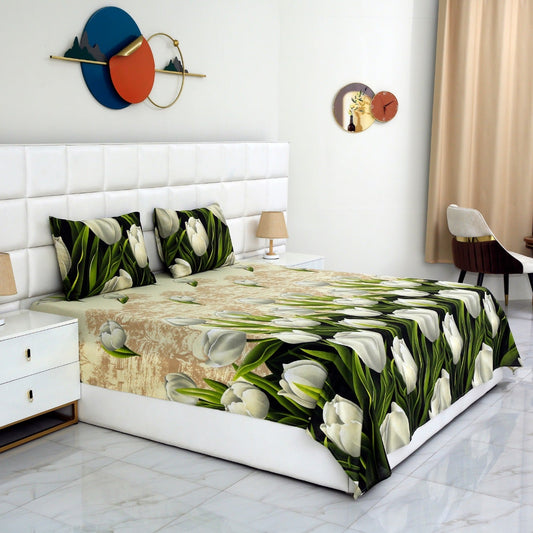 3 PCs Double Bed Sheet-Tulip Green Bed Sheets Apricot