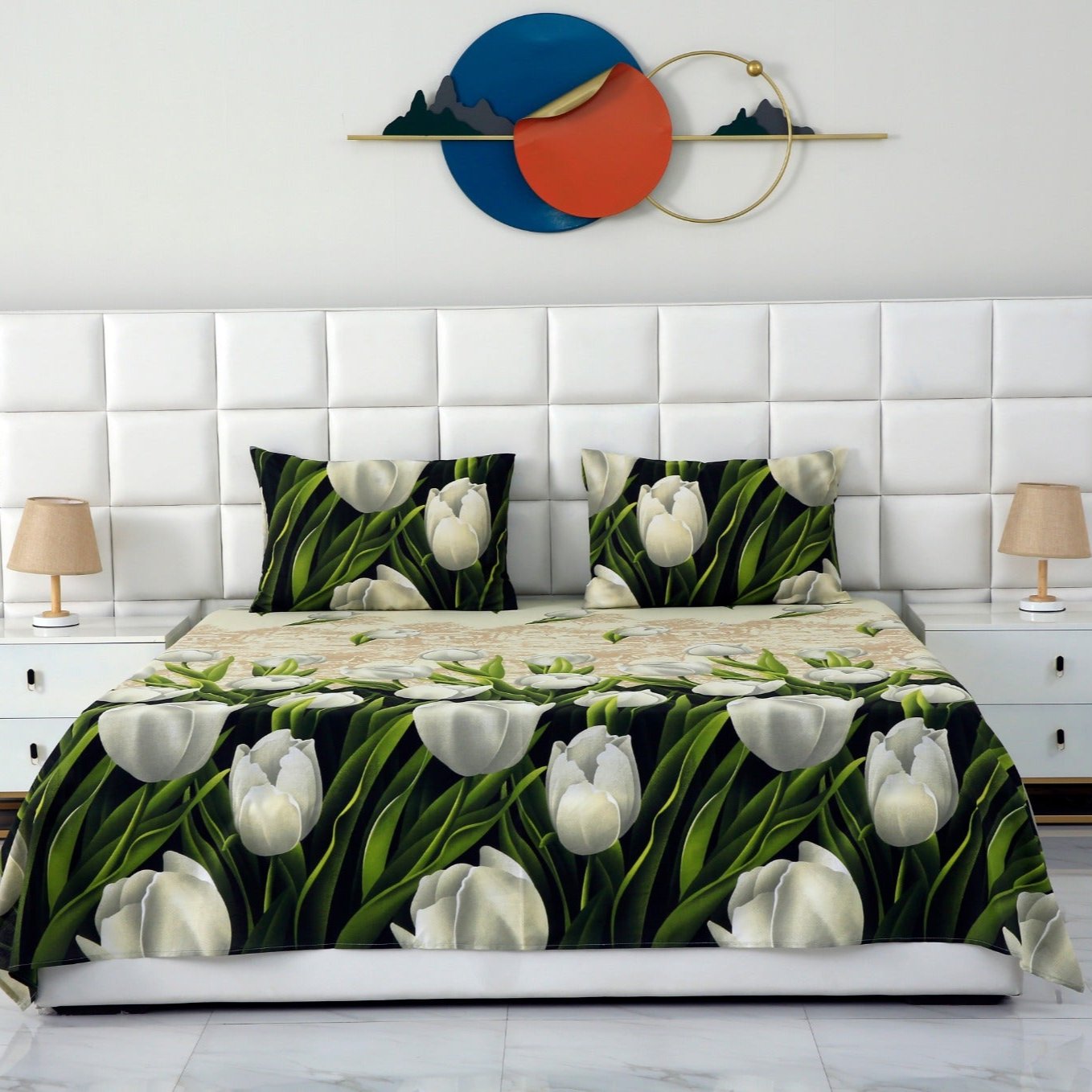 3 PCs Double Bed Sheet-Tulip Green Bed Sheets Apricot