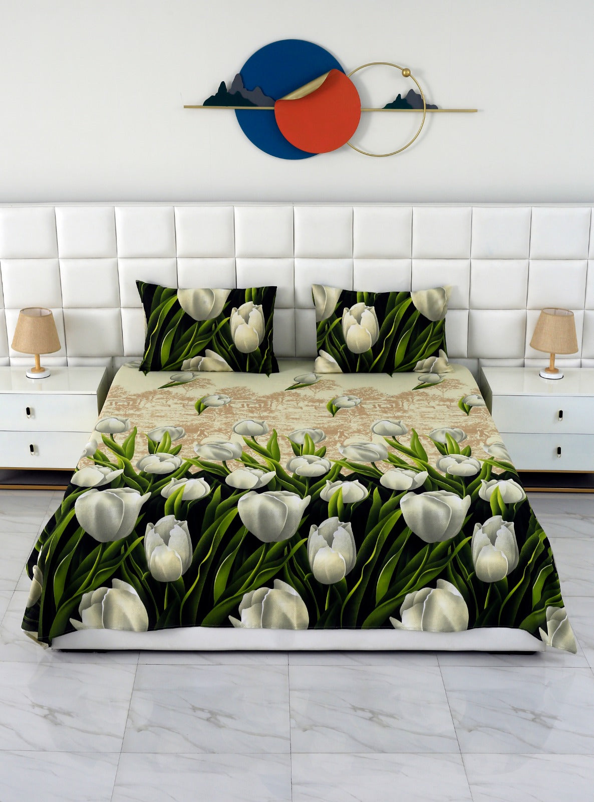 3 PCs Double Bed Sheet -13150-Tulip Green Bed Sheets Apricot   