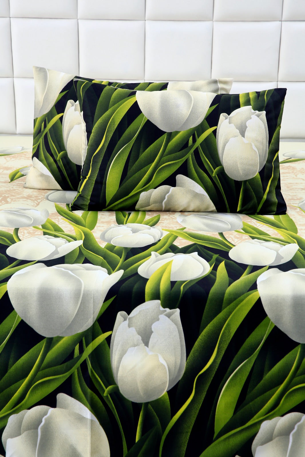 3 PCs Double Bed Sheet-Tulip Green Bed Sheets Apricot