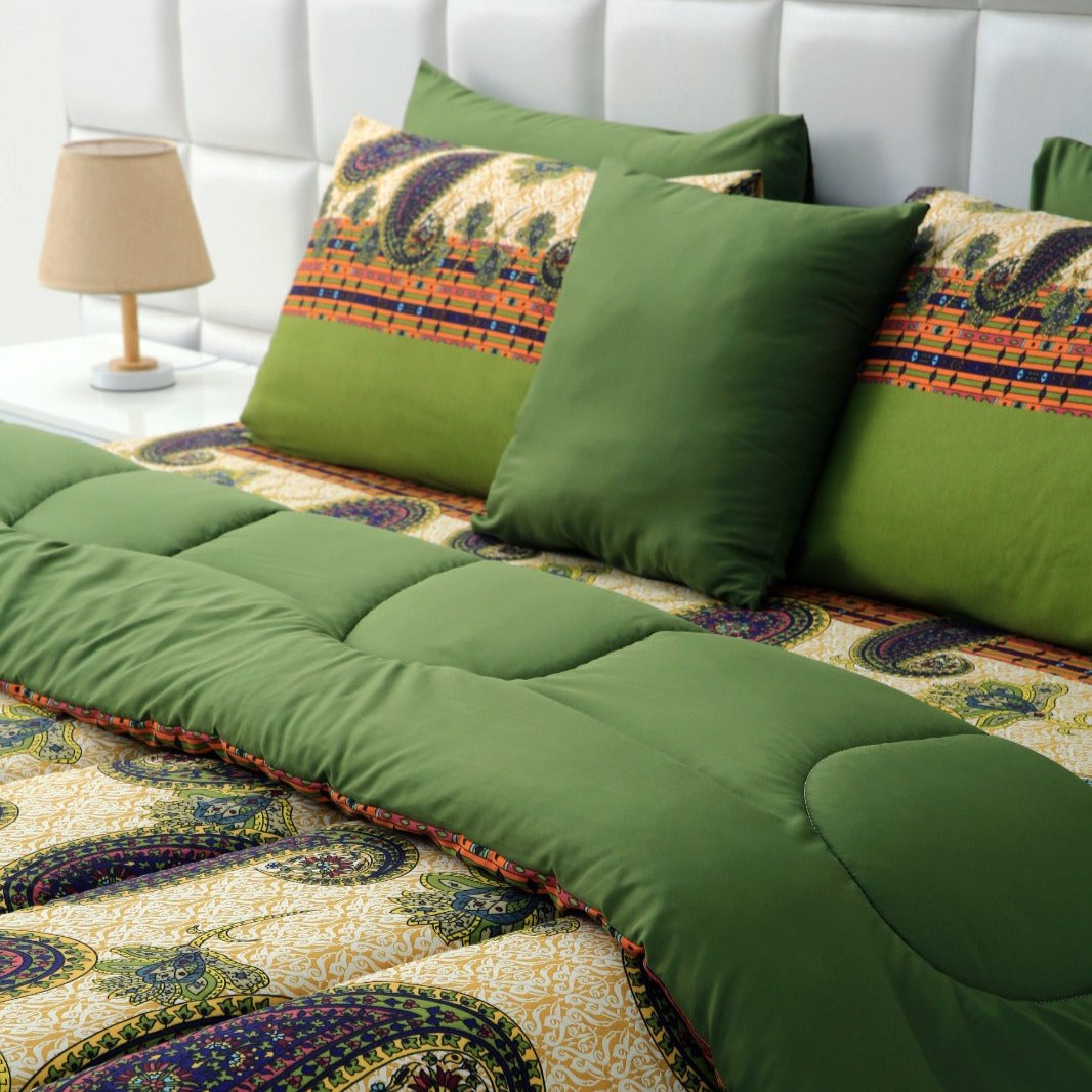 5 PCs Single Comforter Set-Green Paisleys Comforters Apricot