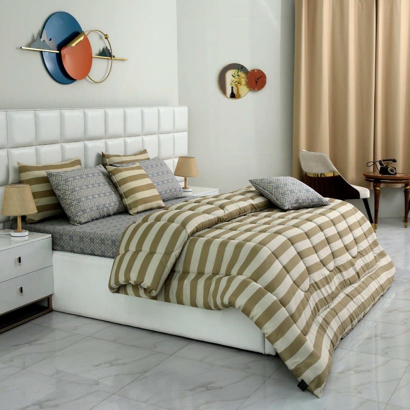 8 PCs Winter Comforter Set-Bold Beige Stripes Comforters Apricot   