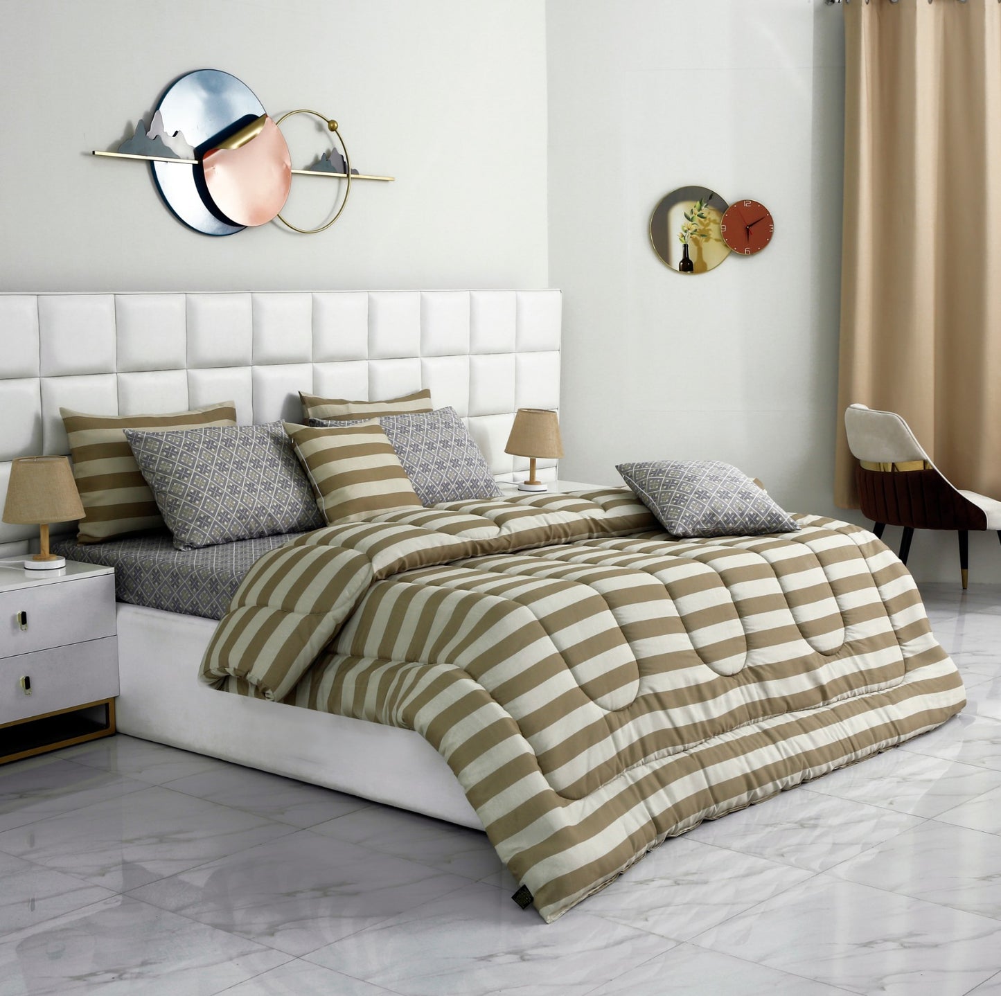 8 PCs Winter Comforter Set-Bold Beige Stripes Comforters Apricot   