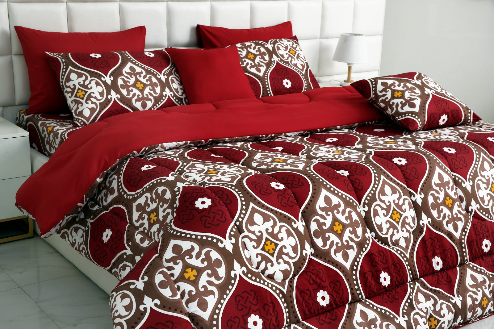 8 PCs Winter Comforter Set-Brown Crown(Maroon Reverse) Comforters Apricot