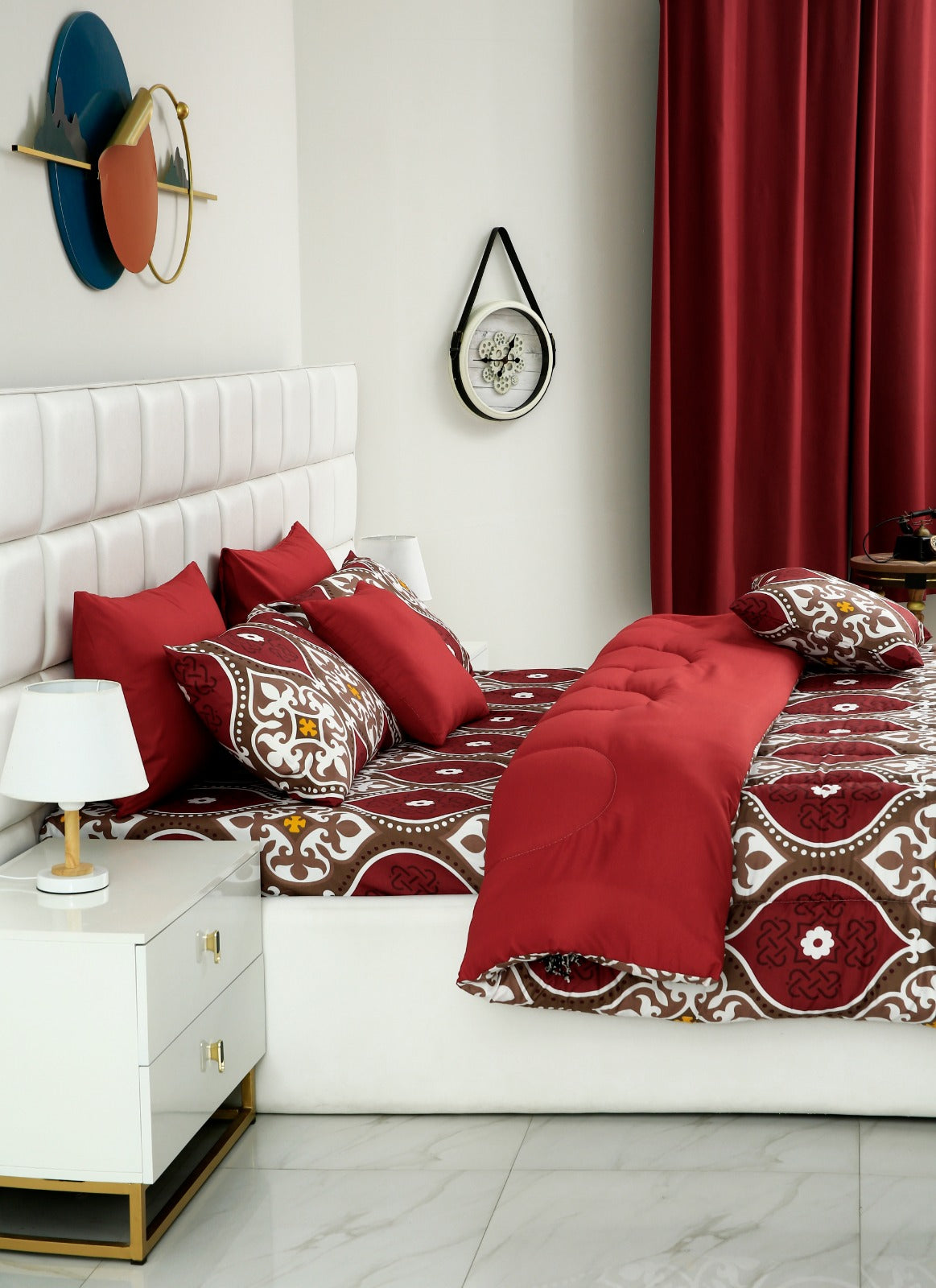 8 PCs Winter Comforter Set-Brown Crown(Maroon Reverse) Comforters Apricot