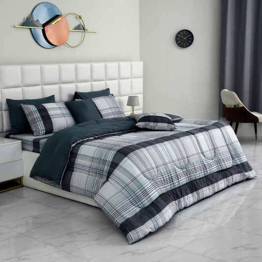 8 PCs Winter Comforter Set-Grey Check Shades Comforters Apricot