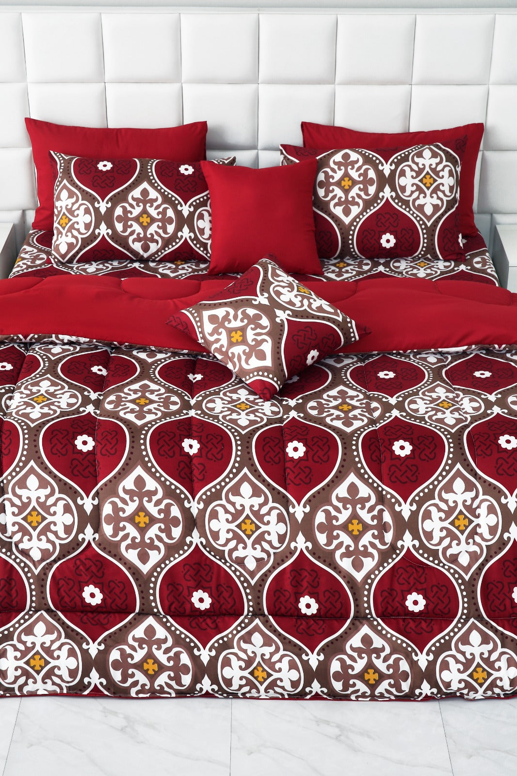 8 PCs Winter Comforter Set-Brown Crown(Maroon Reverse) Comforters Apricot