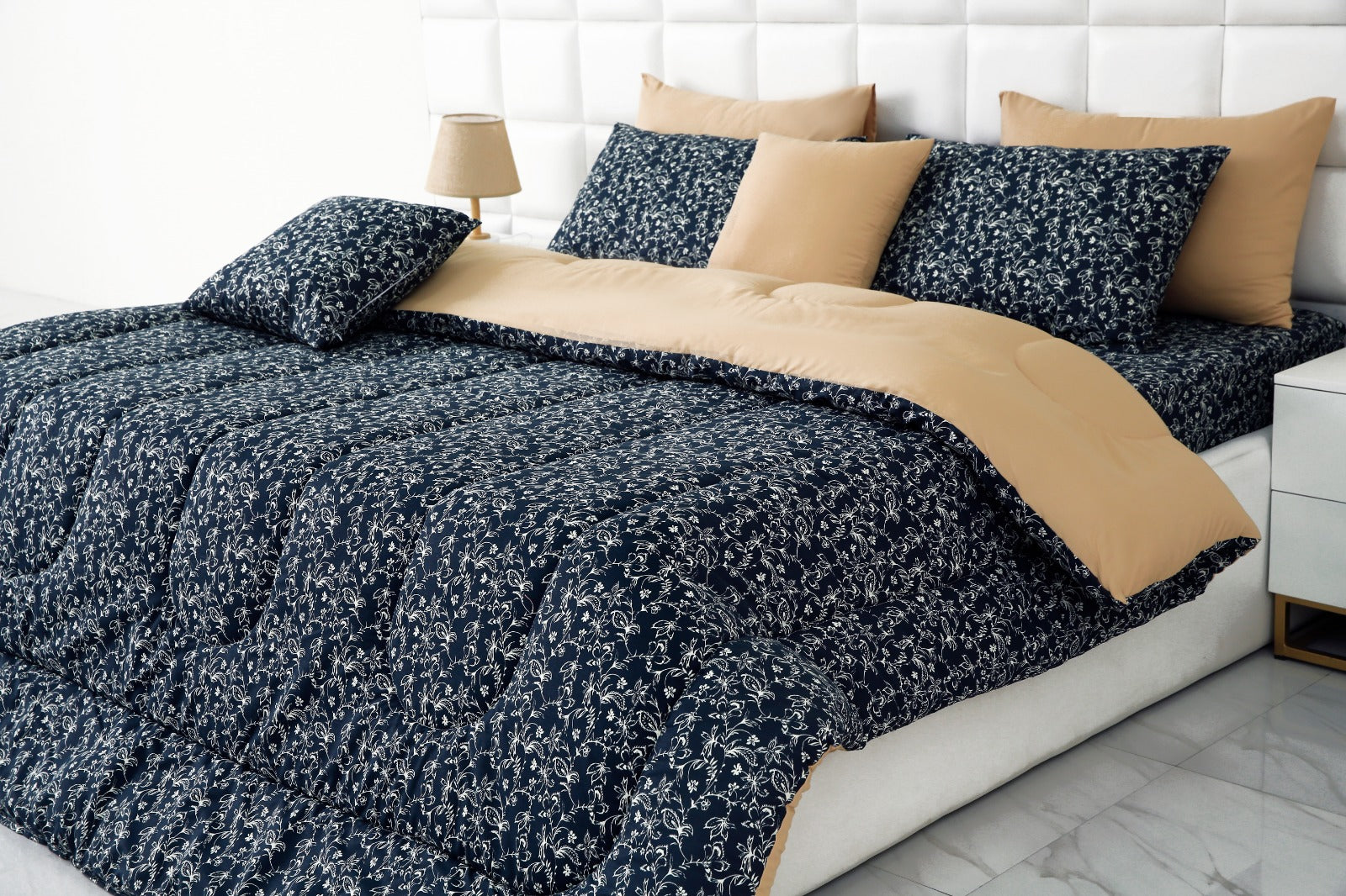 8 PCs Winter Comforter Set-Indigo Indus Comforters Apricot