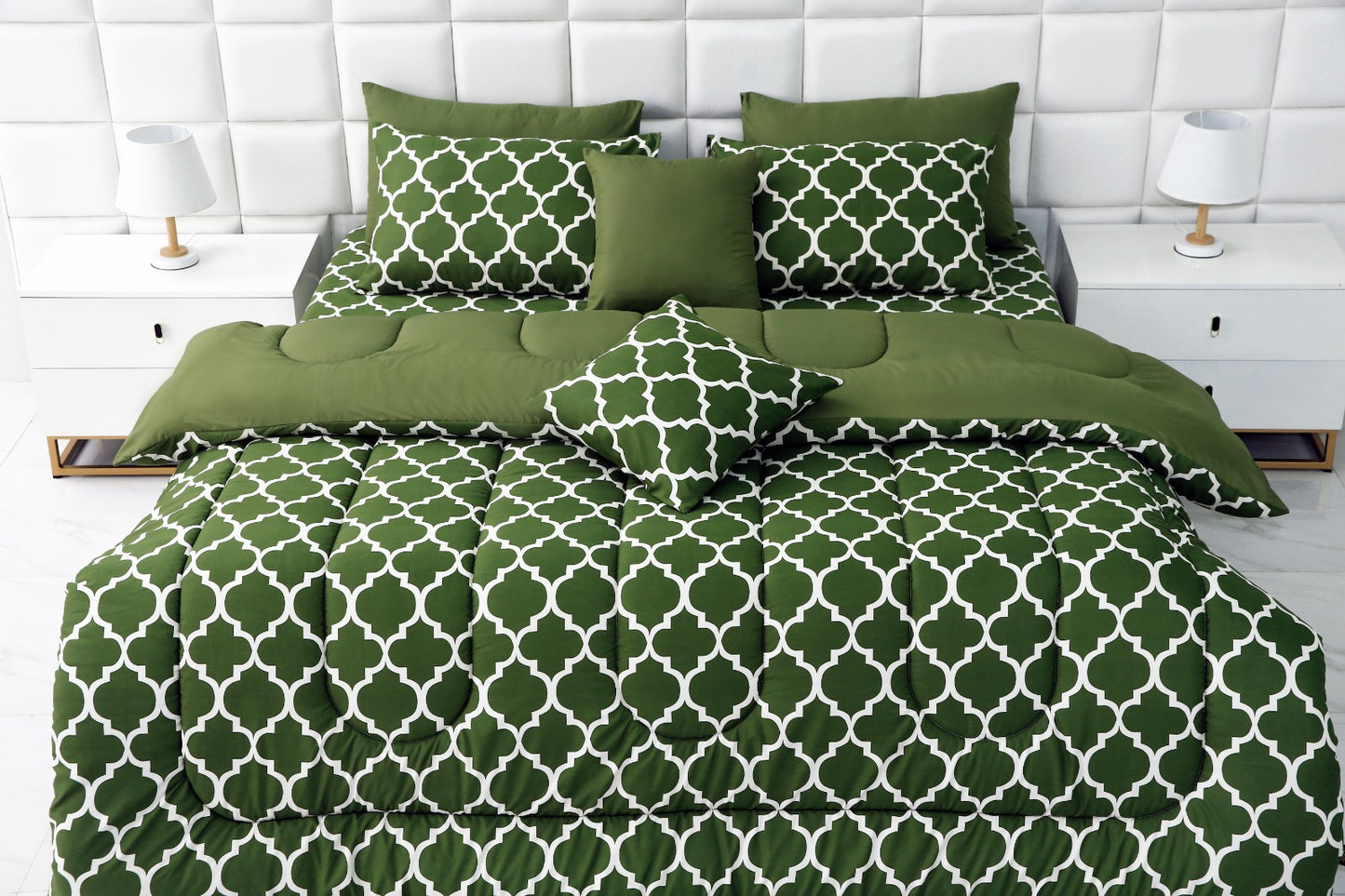 8 PCs Winter Comforter Set-Olive Geometric Comforters Apricot