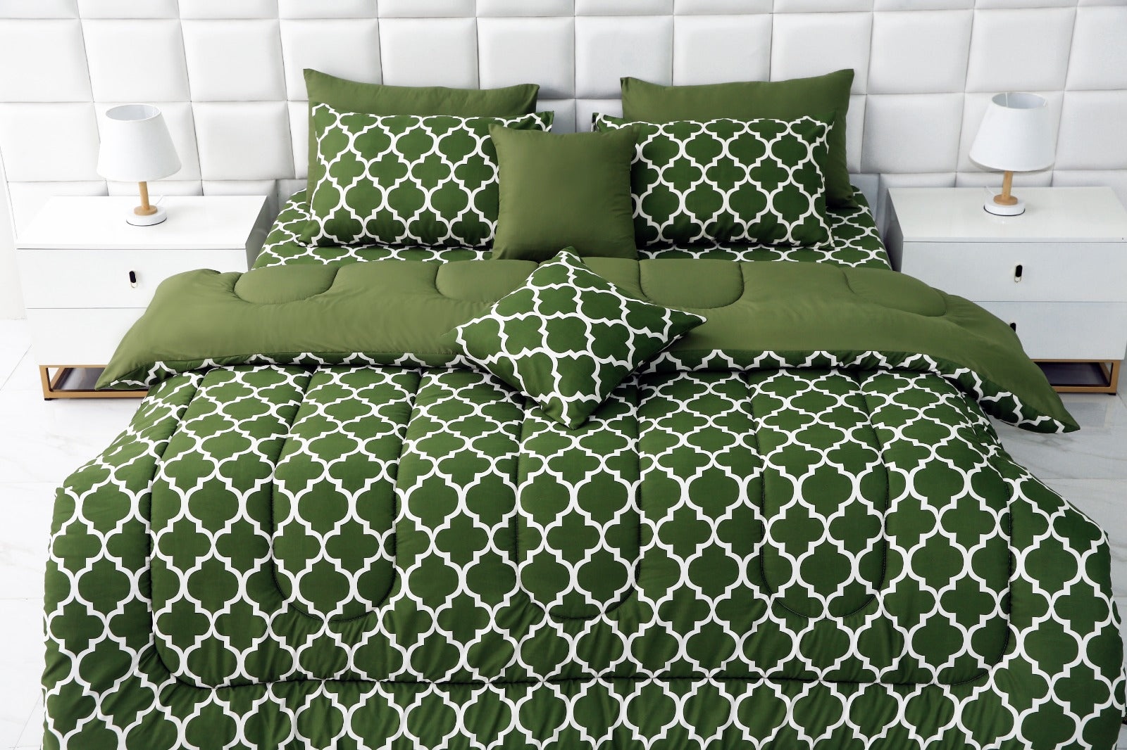 8 PCs Winter Comforter Set-Olive Geometric Comforters Apricot