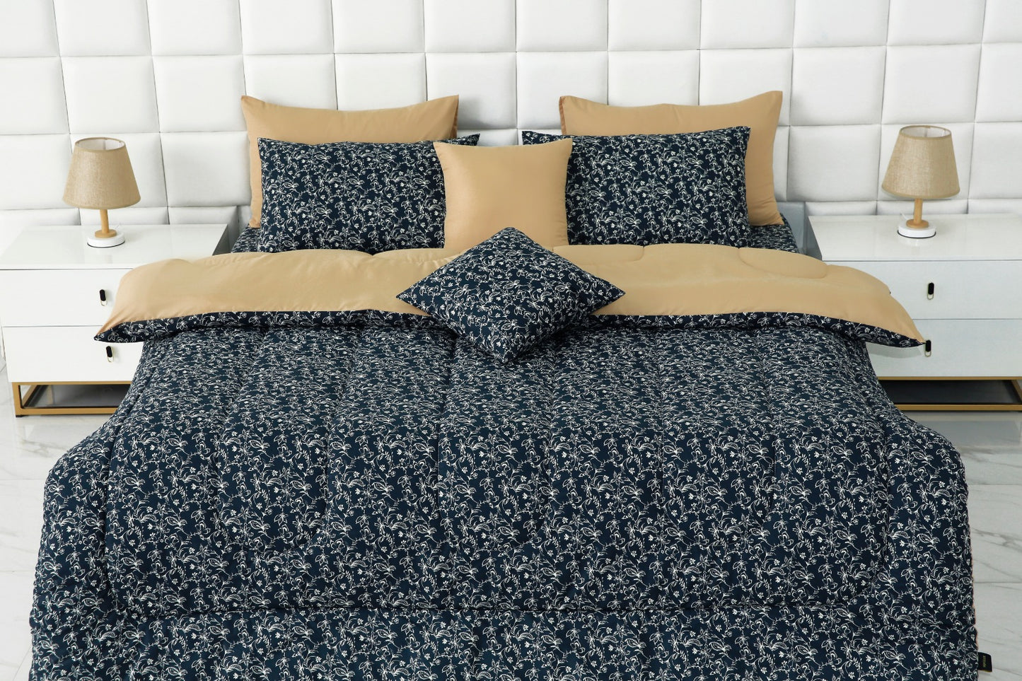 8 PCs Winter Comforter Set-Indigo Indus Comforters Apricot