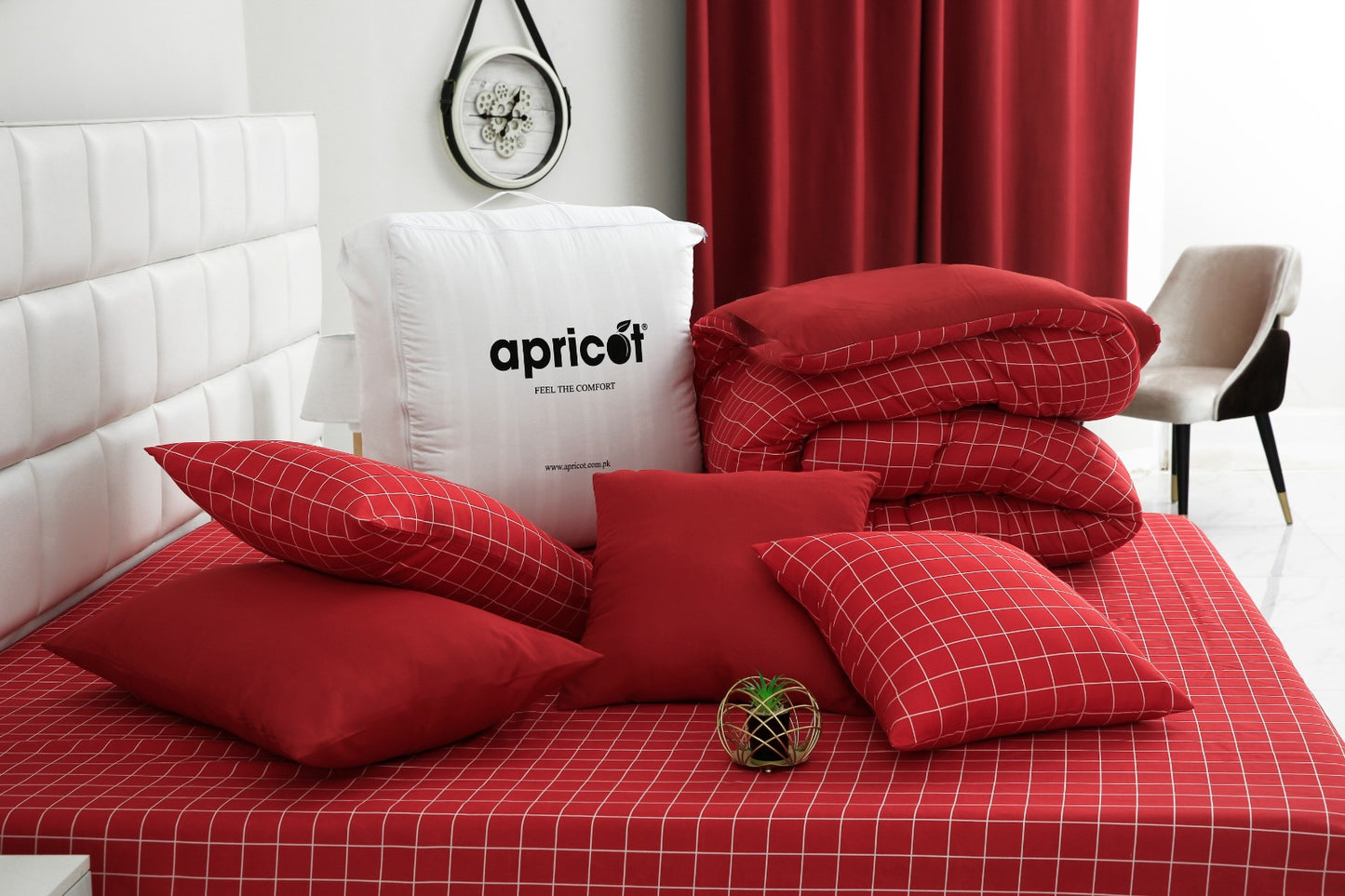 8 PCs Winter Comforter Set-Red Check Comforters Apricot