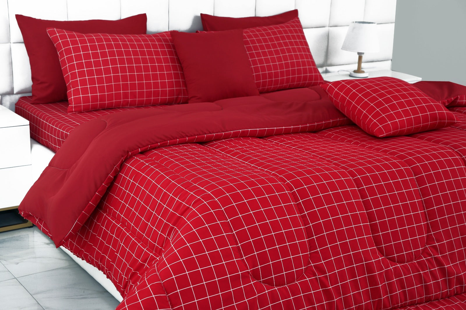 8 PCs Winter Comforter Set-Red Check Comforters Apricot