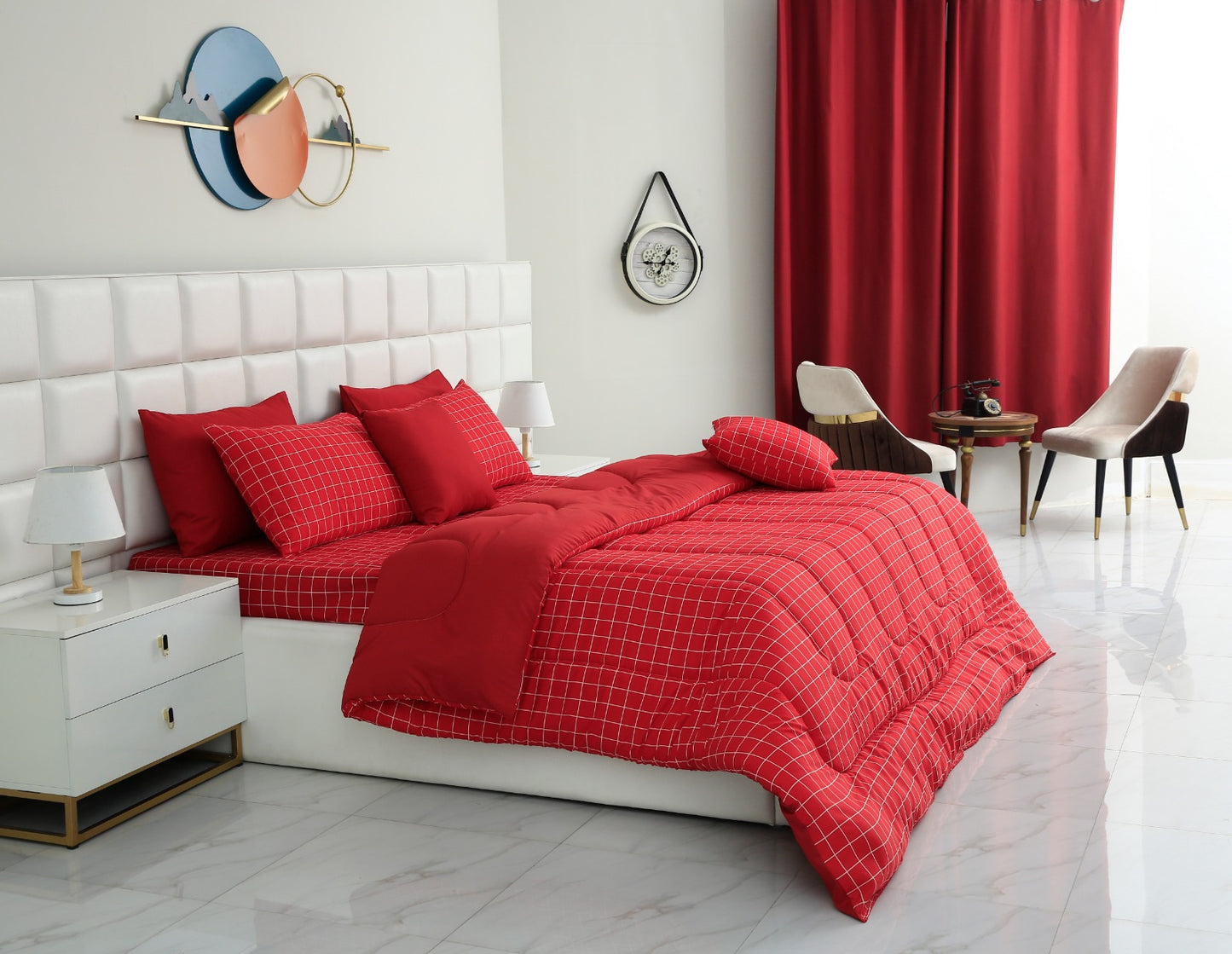 8 PCs Winter Comforter Set-Red Check Comforters Apricot