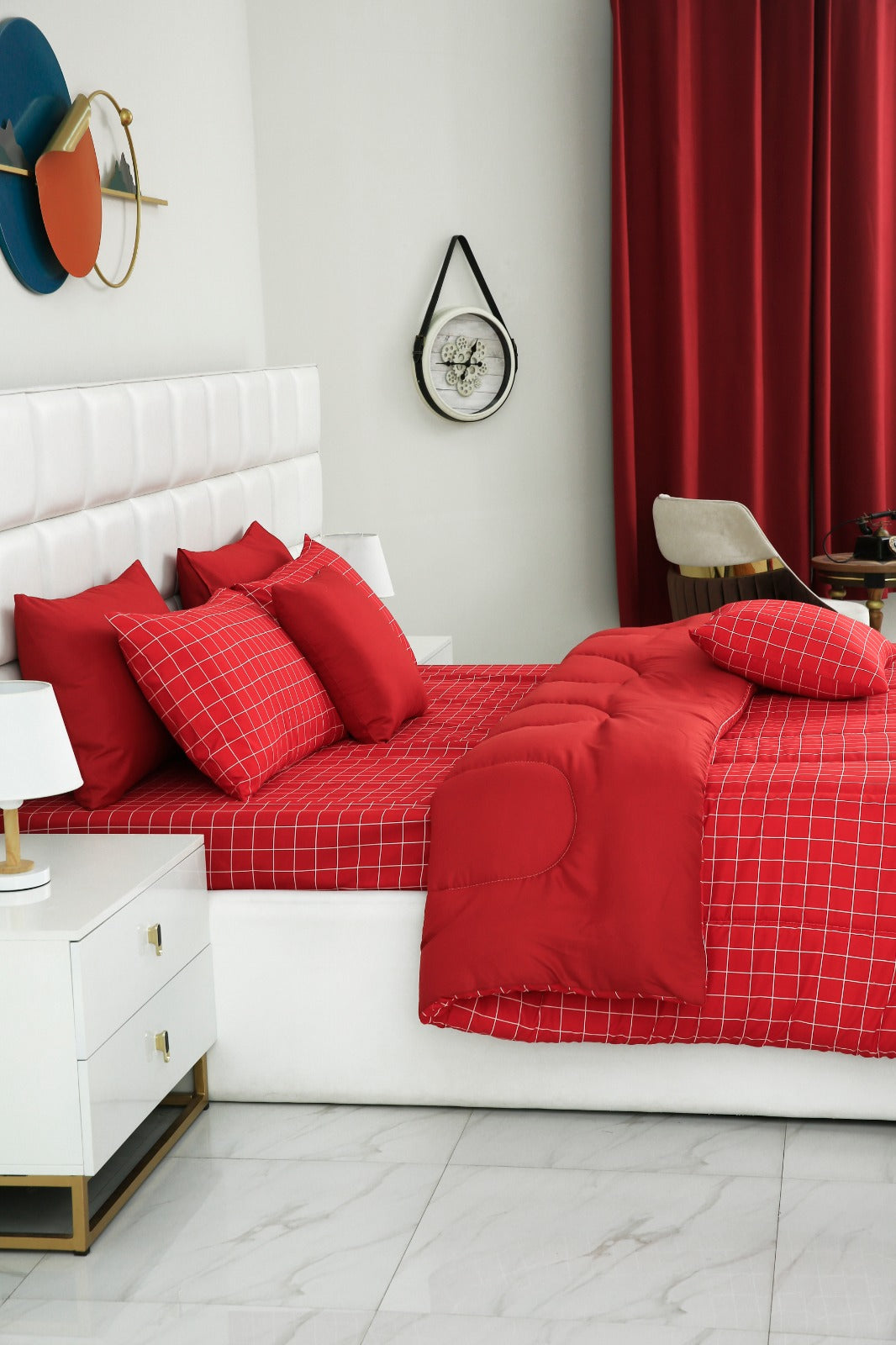 8 PCs Winter Comforter Set-Red Check Comforters Apricot