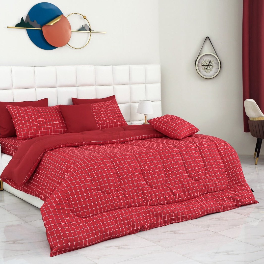 8 PCs Winter Comforter Set-Red Check Comforters Apricot