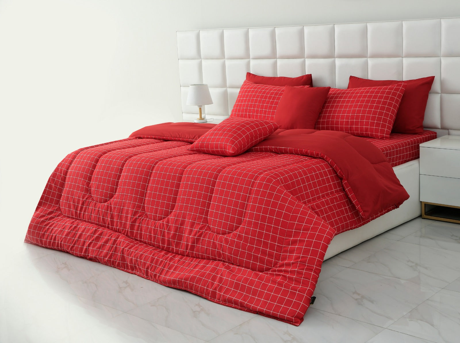 8 PCs Winter Comforter Set-Red Check Comforters Apricot