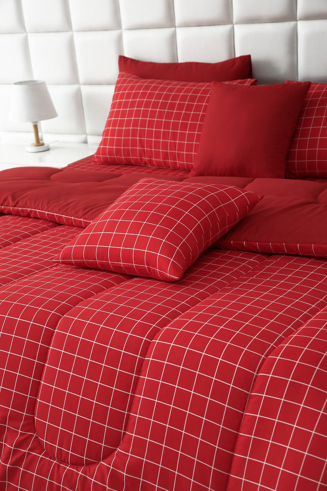 8 PCs Winter Comforter Set-Red Check Comforters Apricot