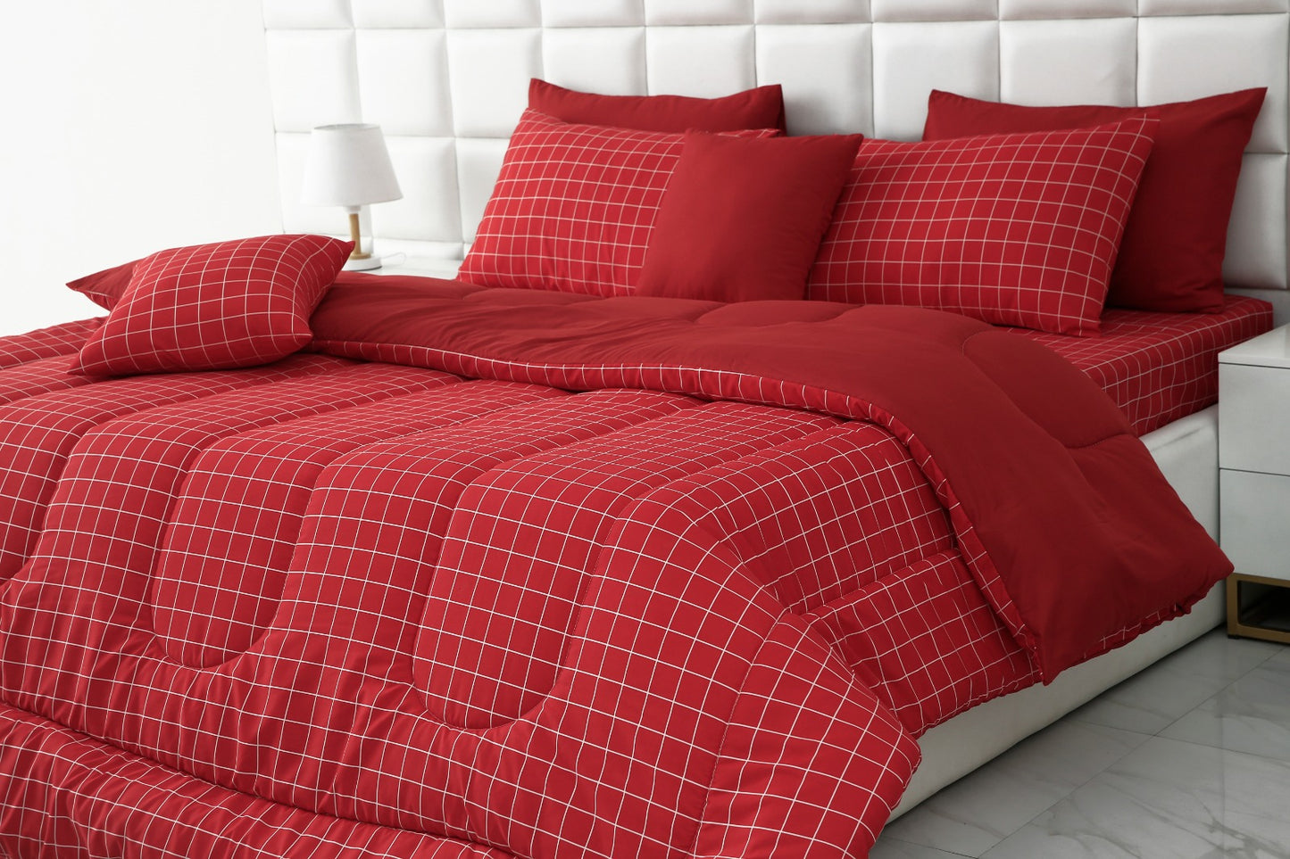 8 PCs Winter Comforter Set-Red Check Comforters Apricot