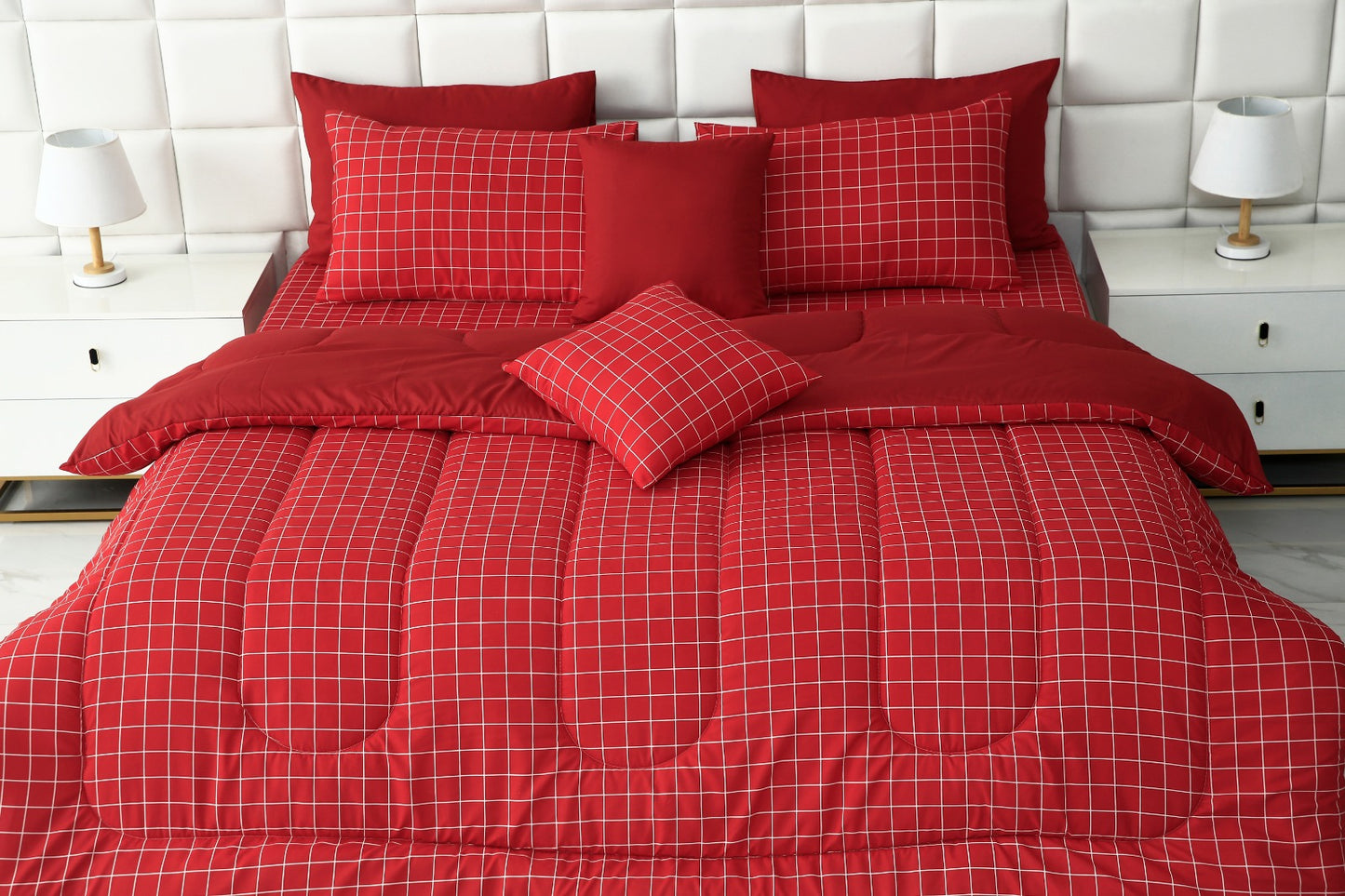 8 PCs Winter Comforter Set-Red Check Comforters Apricot